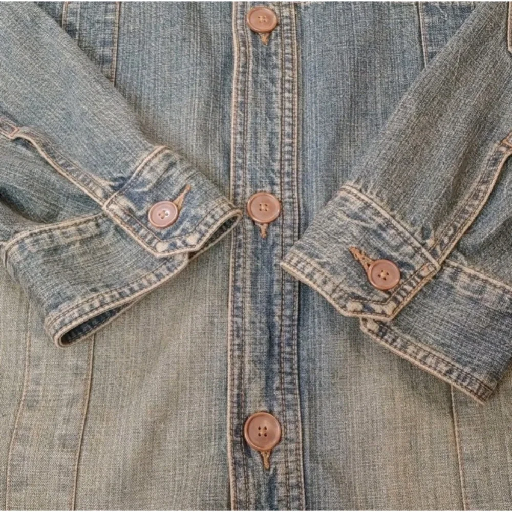 Express Military Jean Jacket Woman Large Blue Denim Button Elbow Patches Utility - Picture 9 of 12